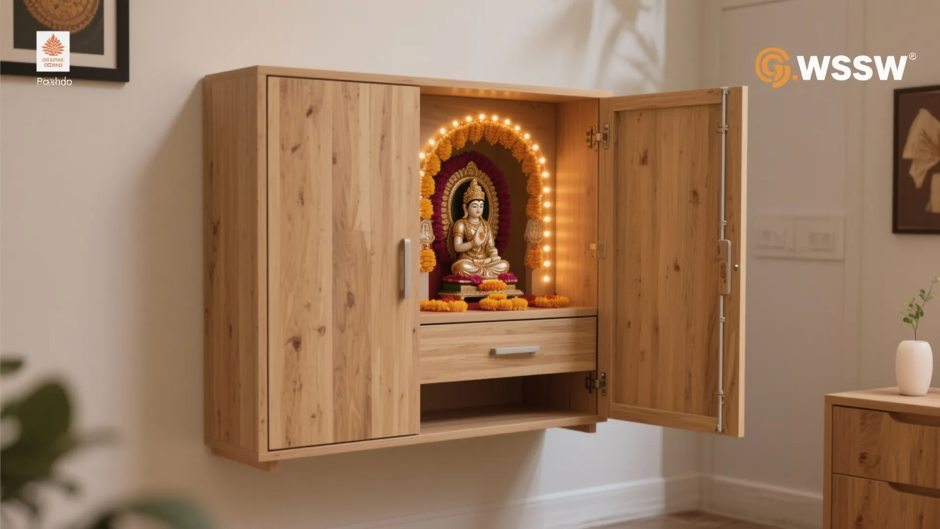 Wooden wall hanging cabinet with open doors showing a small statue with warm yellow decorative lights