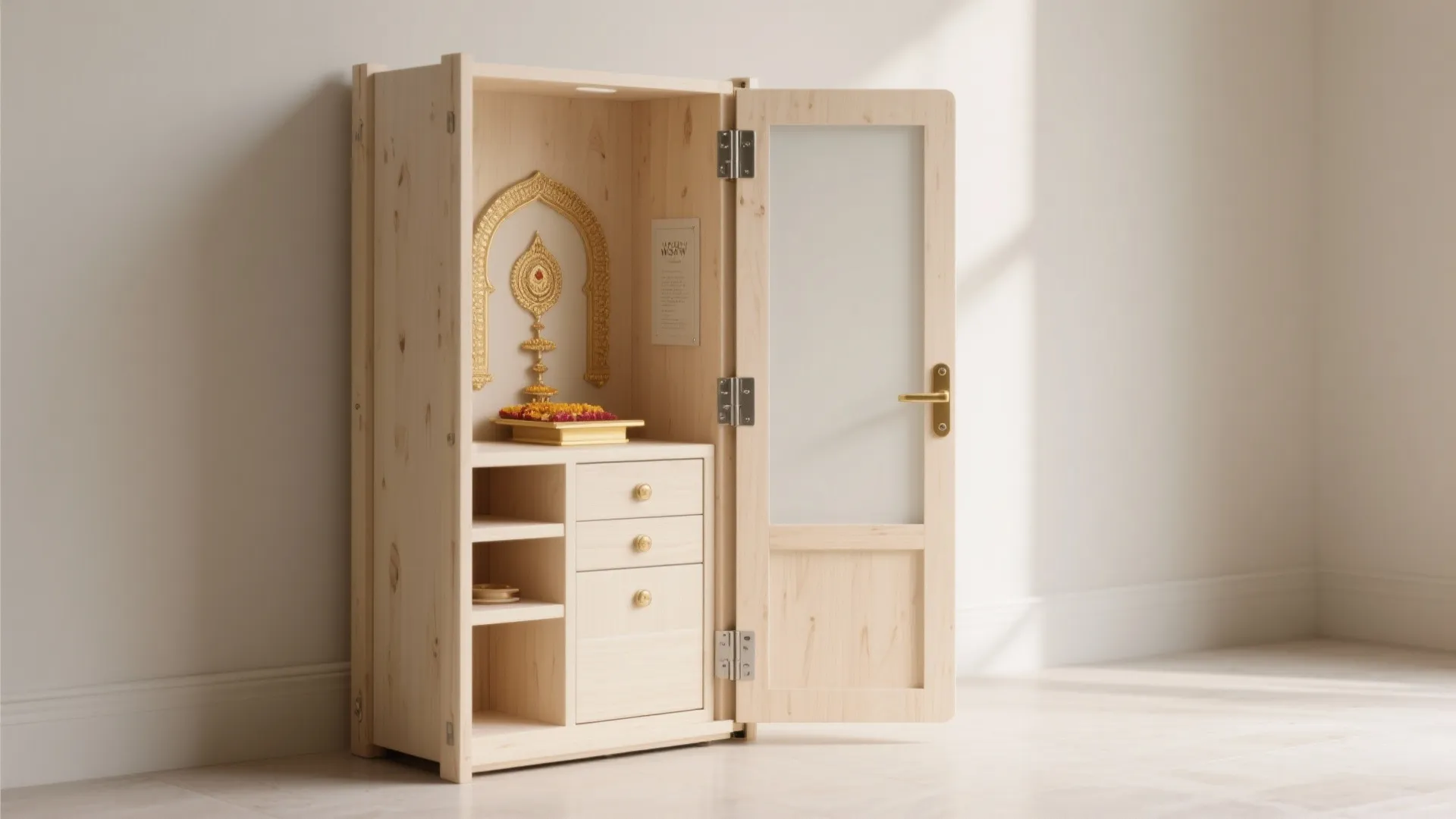 Light wood small cabinet with open glass door showing gold decoration inside a bright empty room