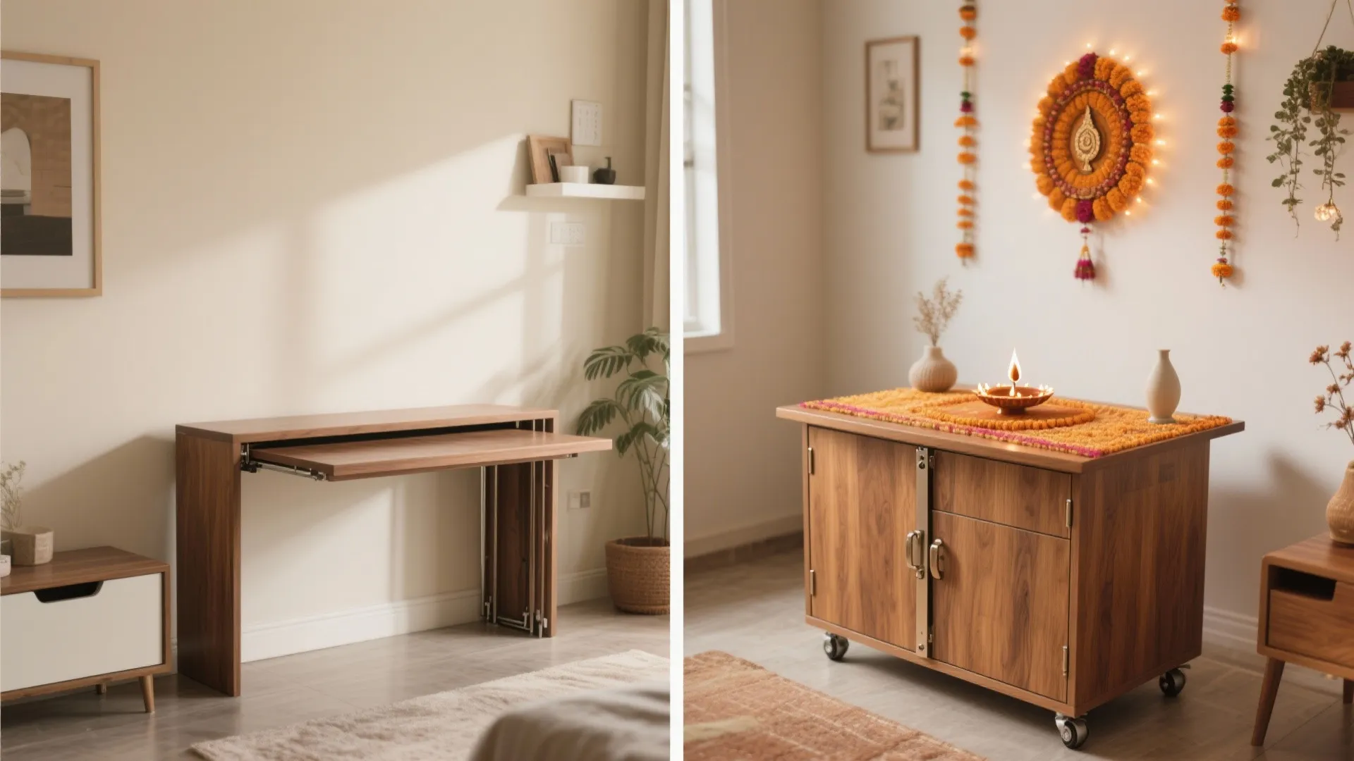 Foldable pooja table shown collapsed and expanded in a compact studio apartment under soft daylight.
