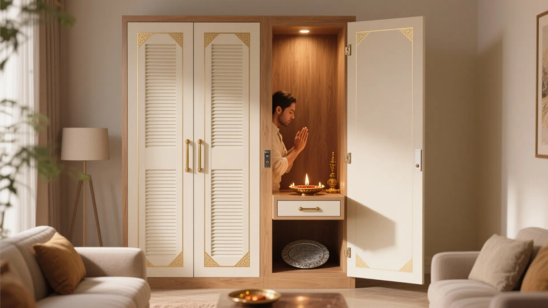 4) Foldable Pooja Cabinet With Bi-Fold or Pocket Doors