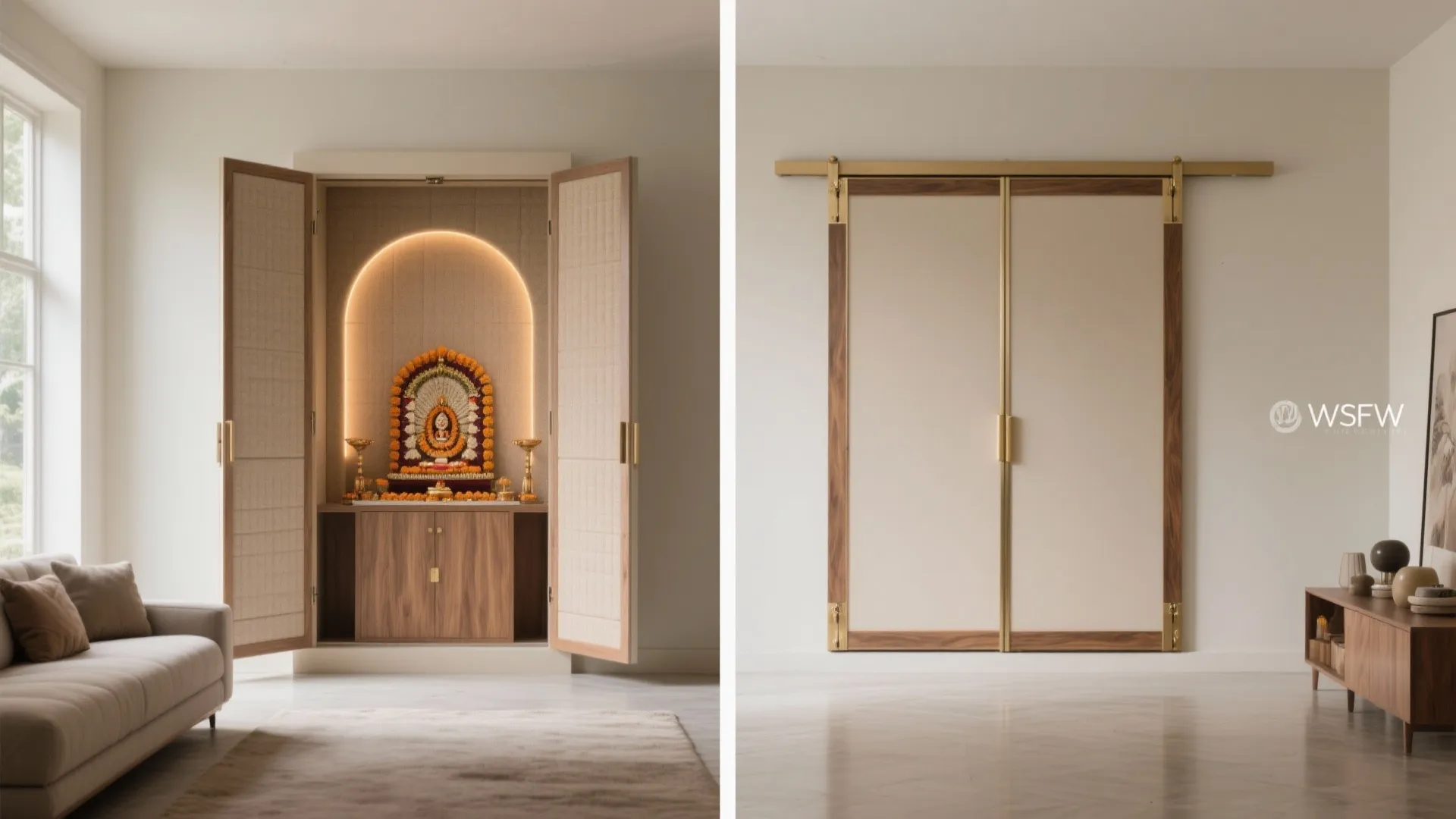 Concealed foldable pooja cupboard in living spaces