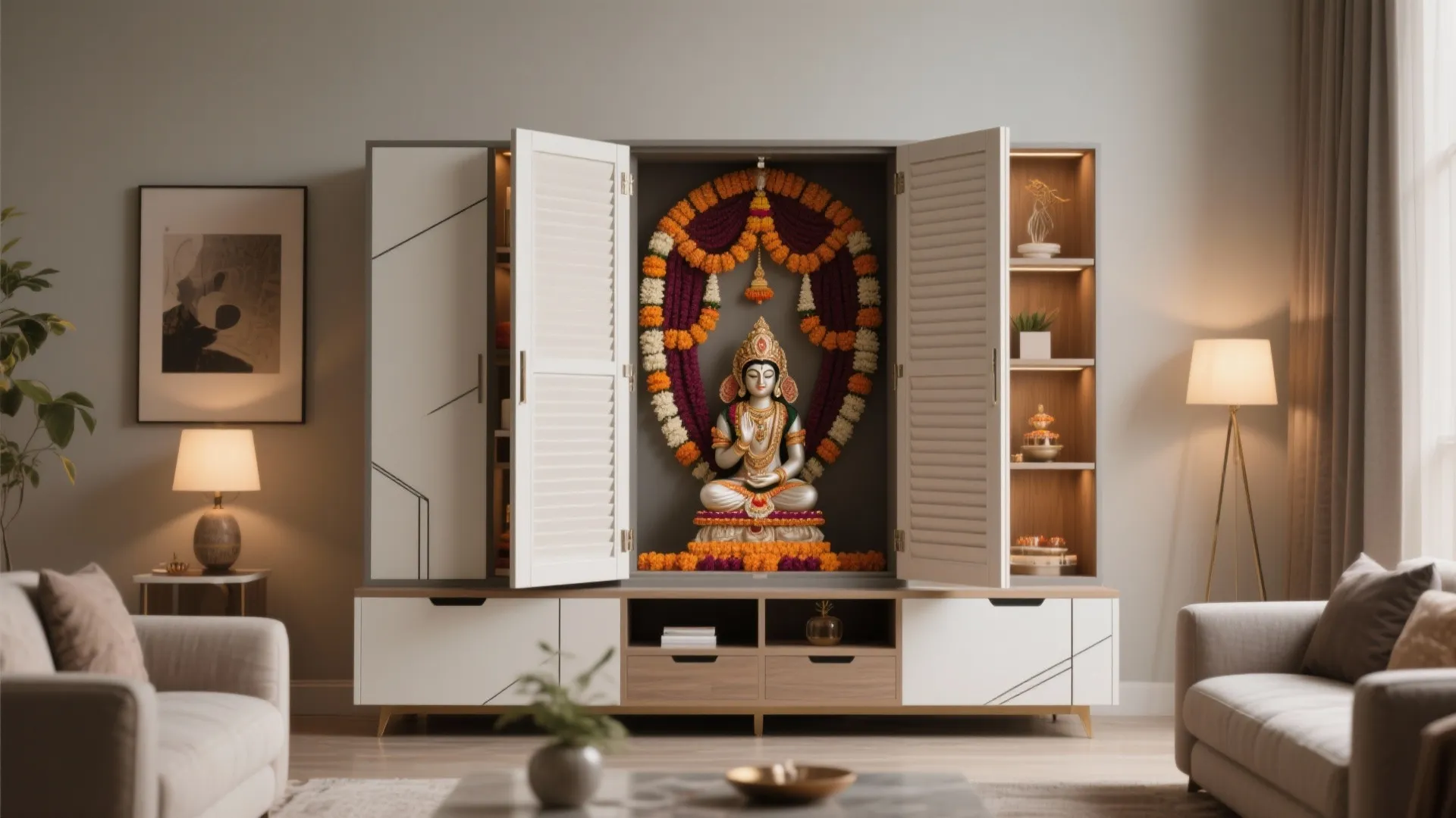 White and wood cabinet in a living room holding a statue with flowers and lights