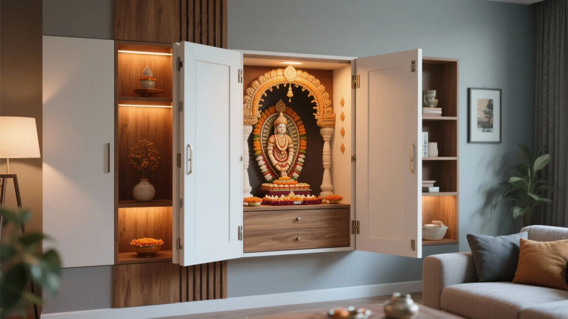 Wall mounted white cabinet with open doors showing a decorated prayer shelf and wood storage drawers