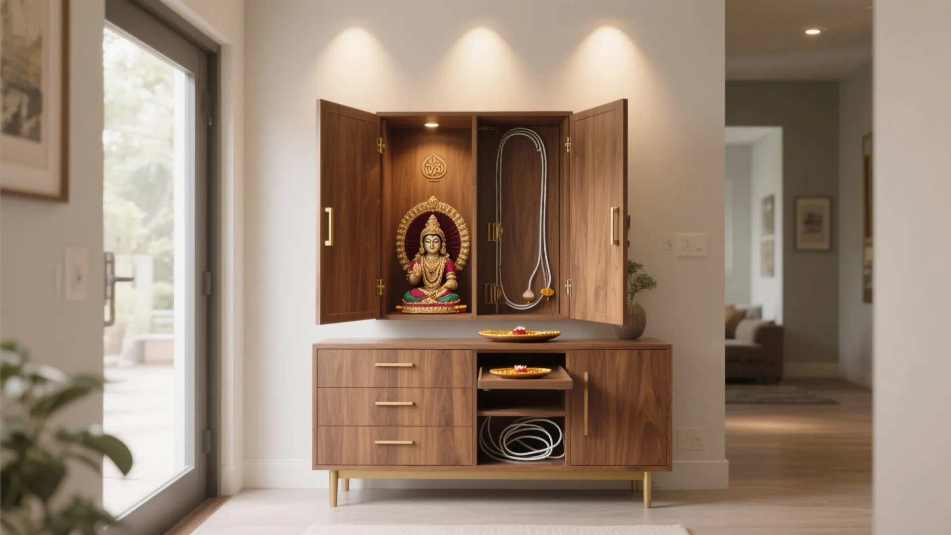 Foldable pooja cabinet that doubles as console