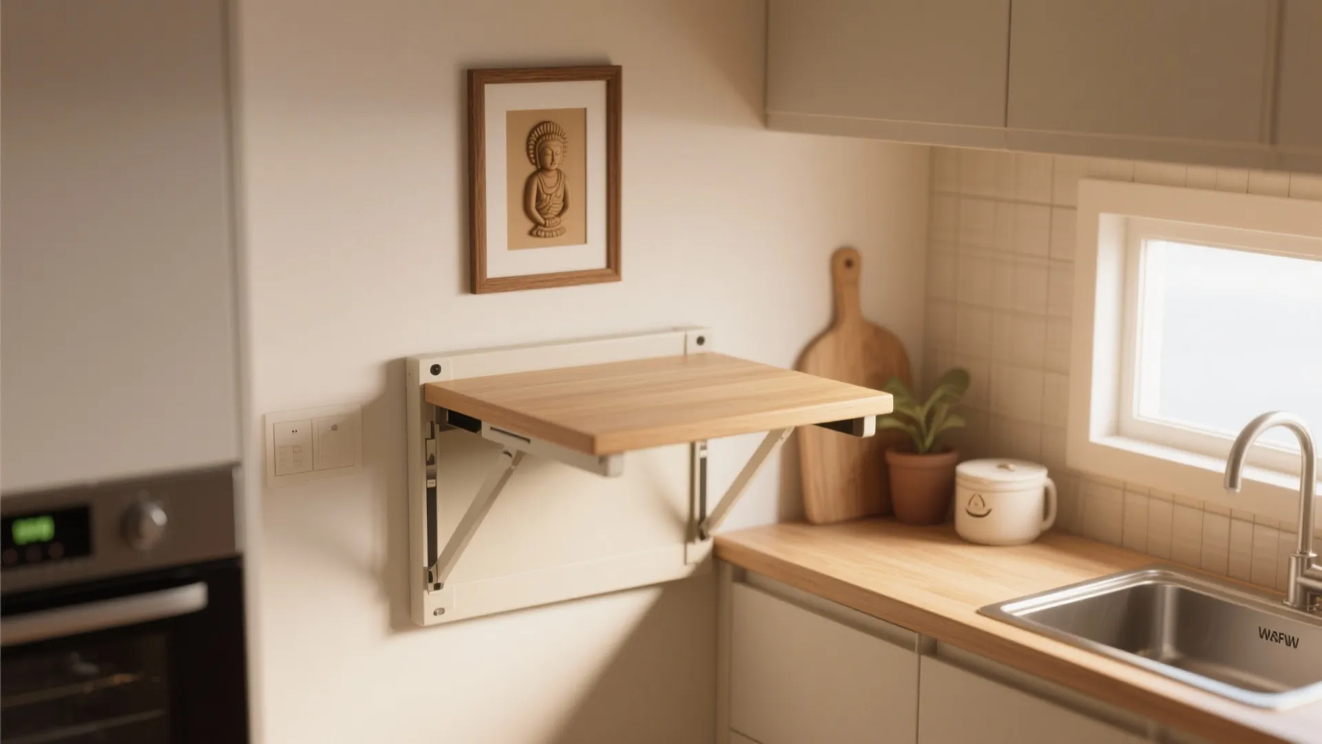 Small kitchen area with a wall mounted folding wooden table and simple white cabinet design