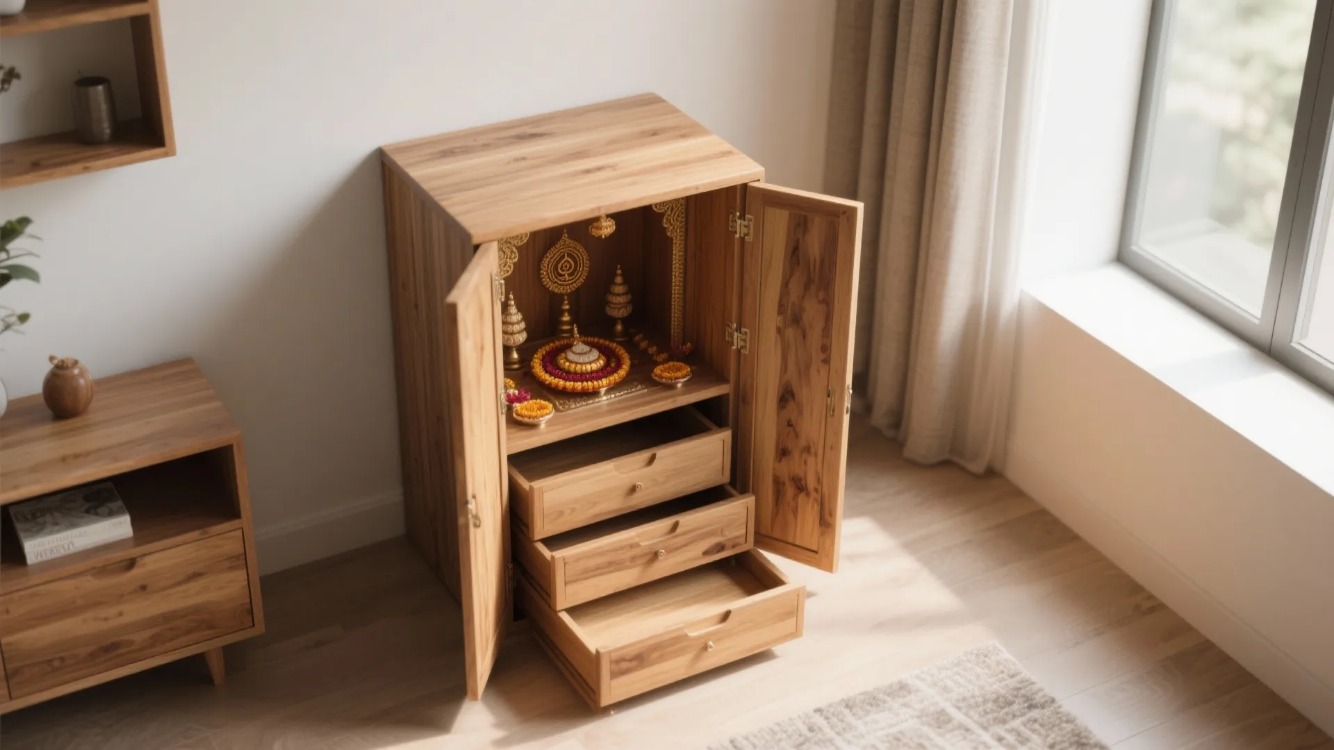 Small wooden cabinet with open doors and three drawers showing interior storage for religious items