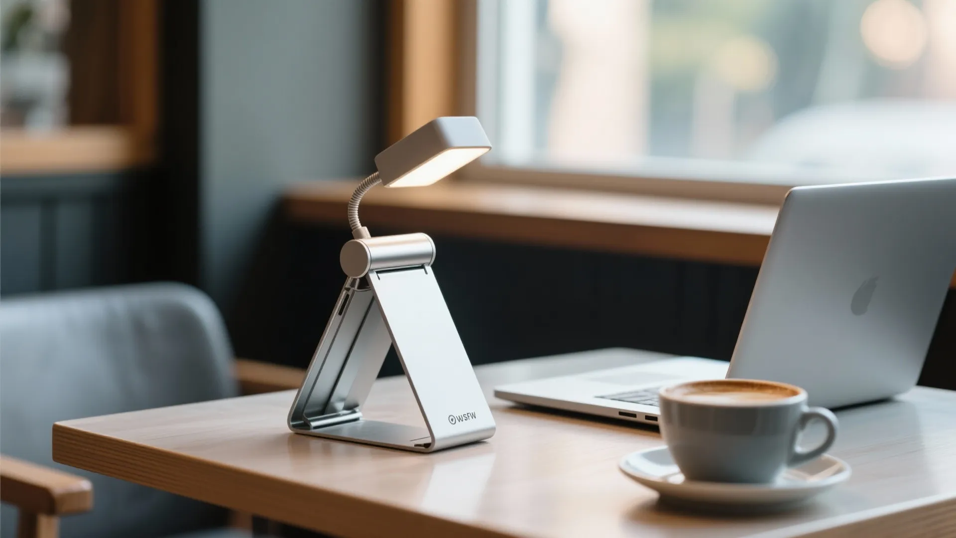 Small silver portable desk lamp next to a laptop and coffee cup on wooden table