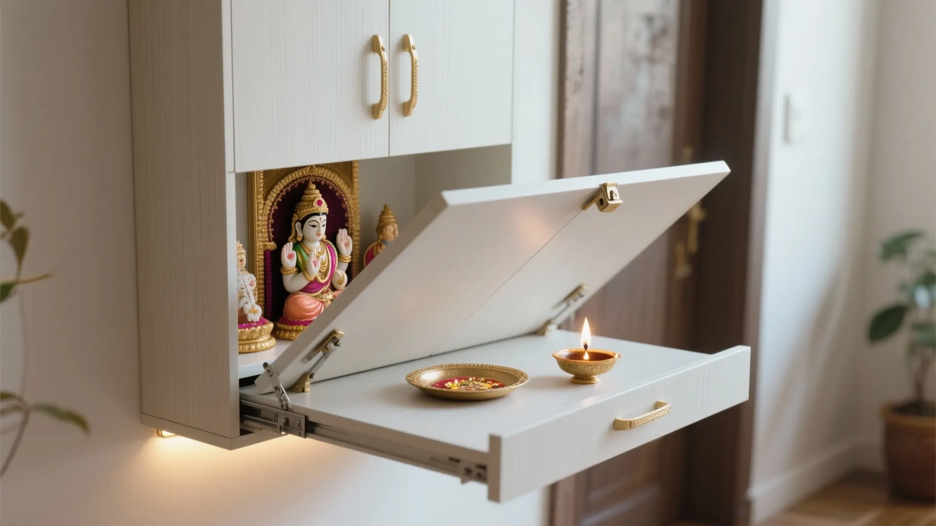 Modern white wall mounted prayer cabinet with a pull out shelf and a small candle light