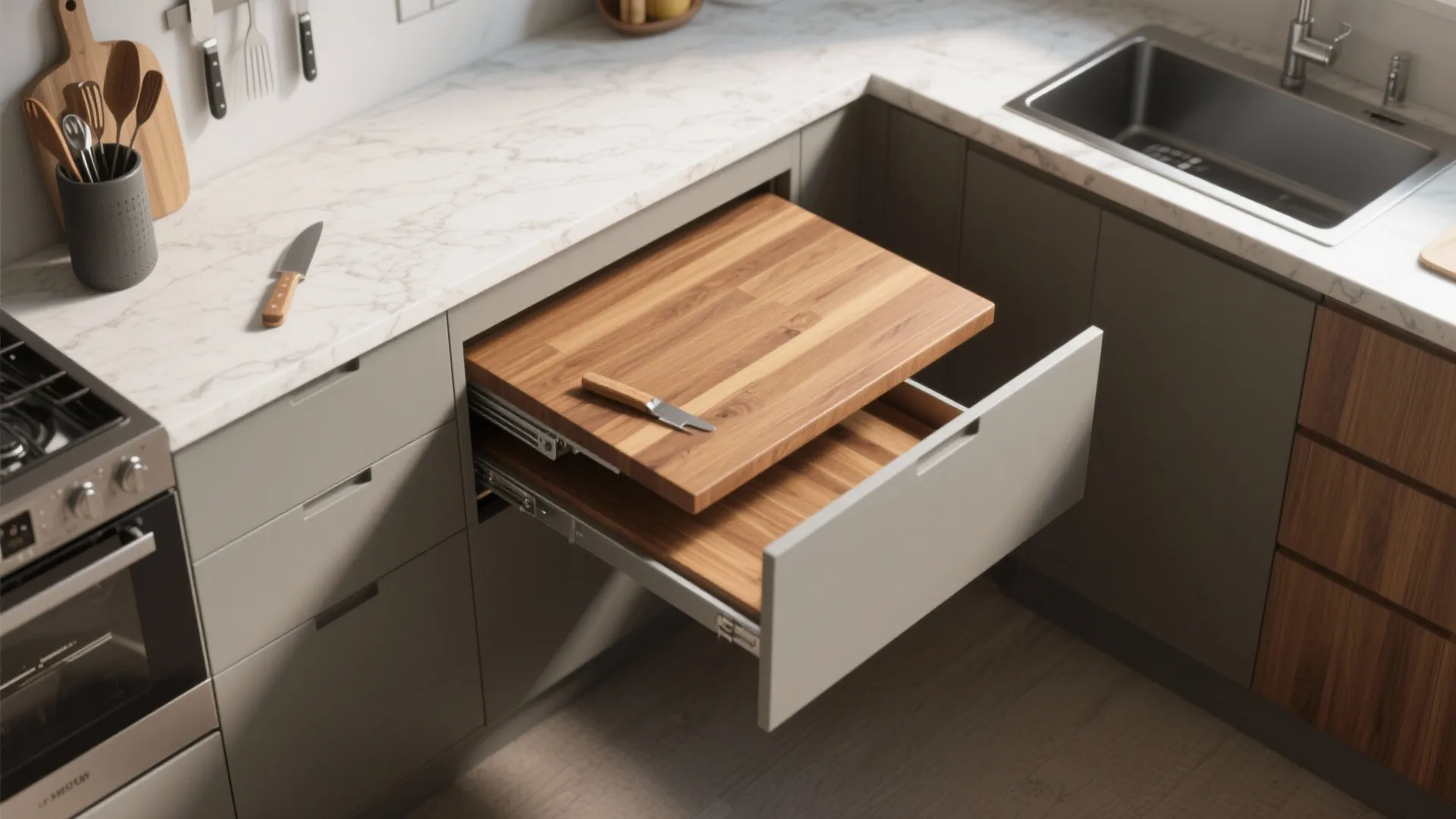 Grey kitchen base cabinet with a pull out wooden cutting board for extra food preparation