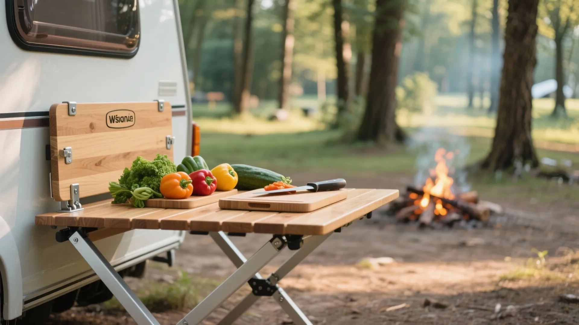 Wooden foldable table with fresh vegetables and cutting board next to a campfire and trailer