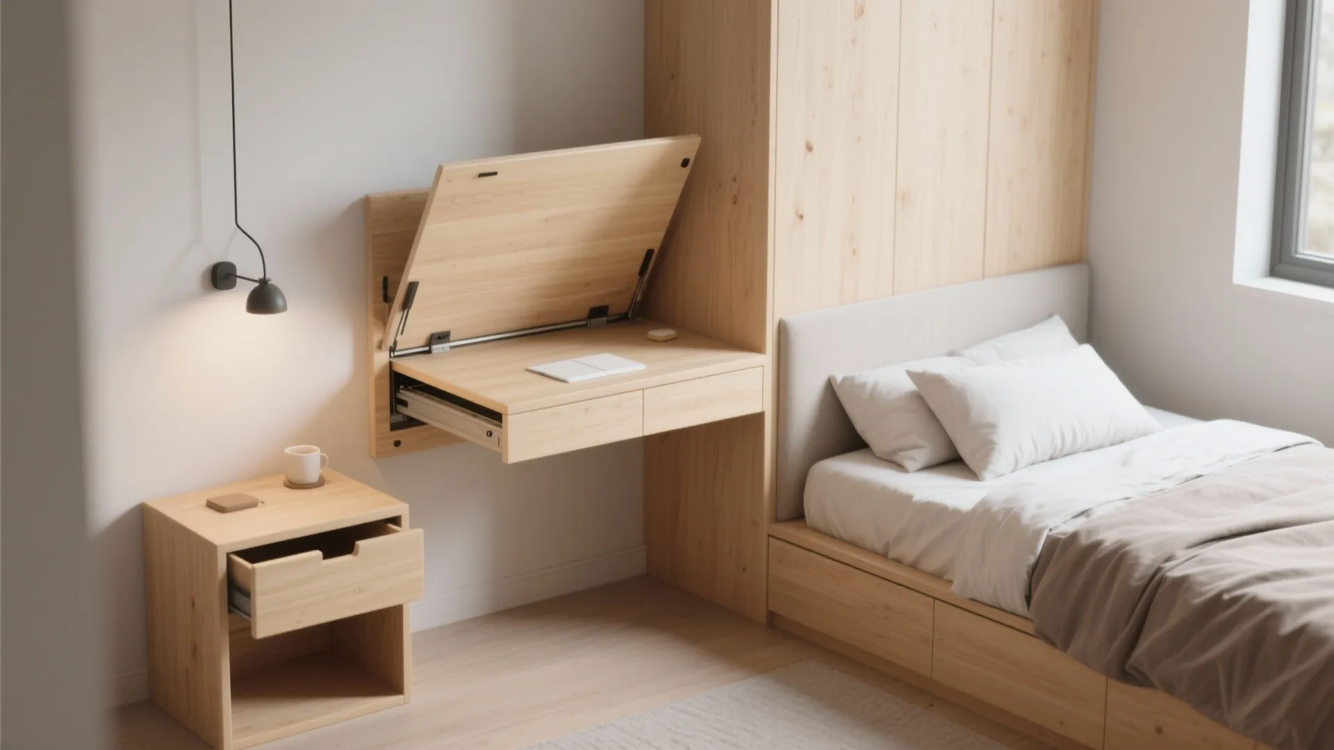 Wooden foldable desk mounted on wall next to bed with white bedding and wall light
