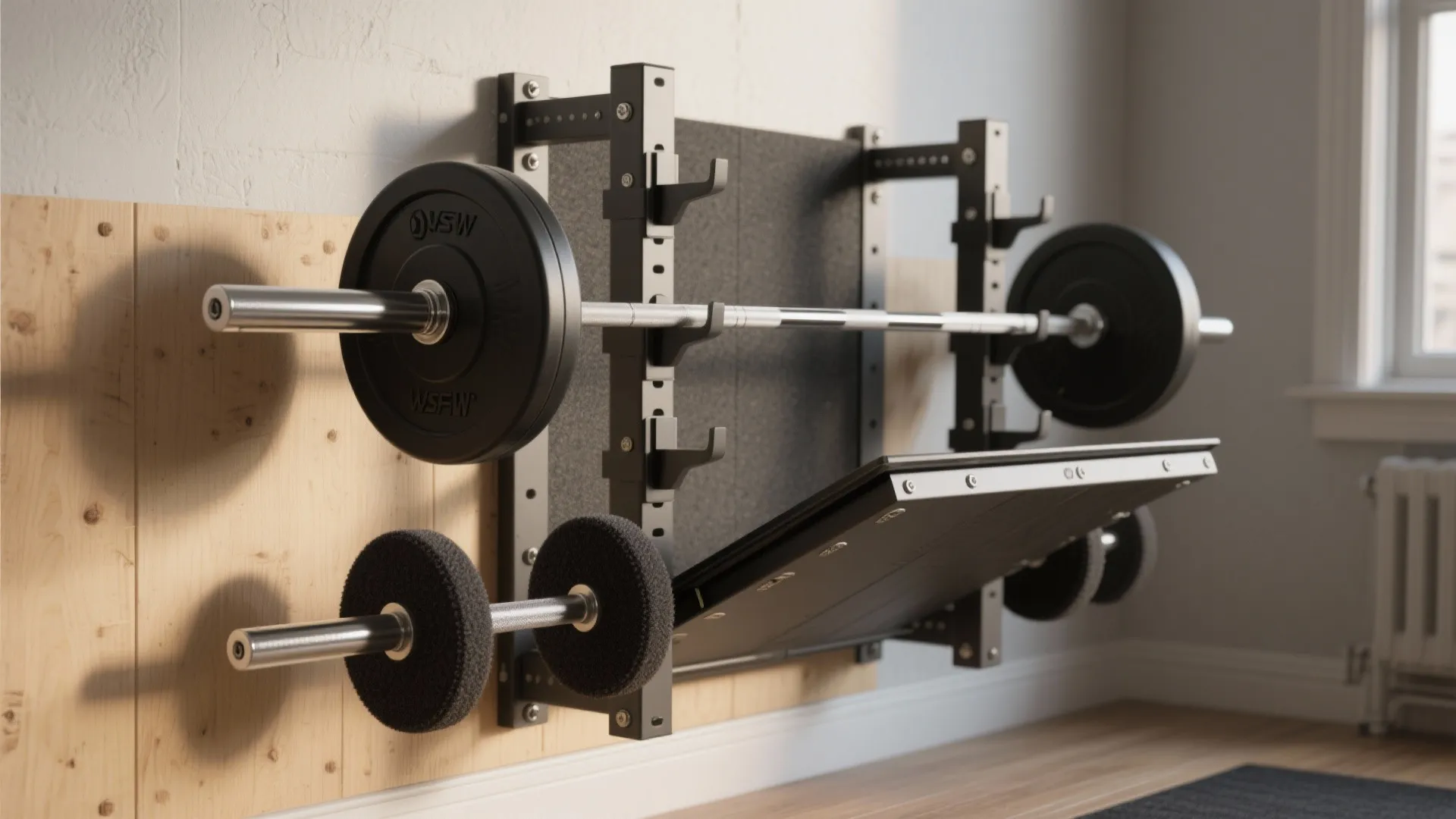 Wall mounted black metal weight rack with barbells and plates on light wooden wall panel