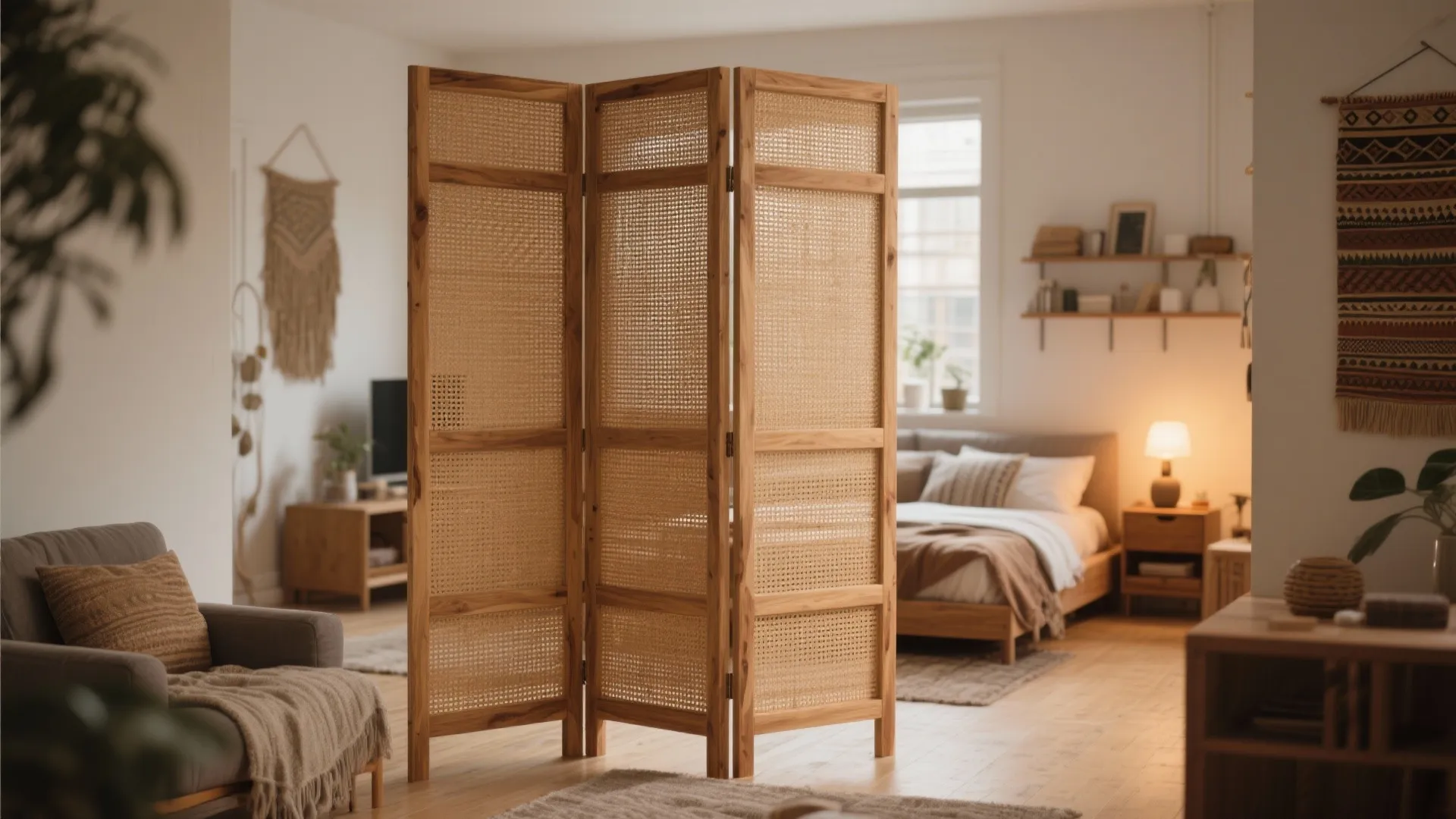 Folding rattan screen standing in a cozy bedroom with bed, sofa, rug, and wooden floor