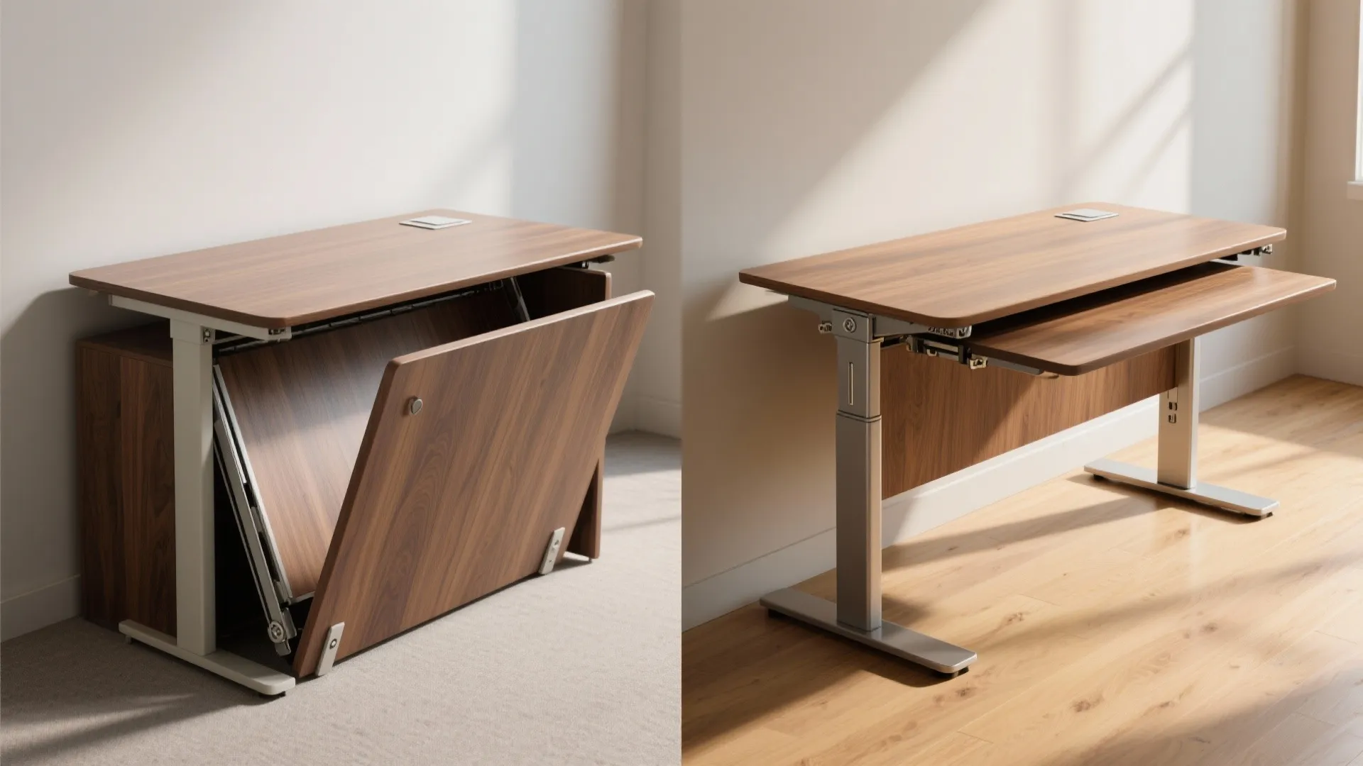 Modern wood desk with a folding table top showing how it opens for more work space