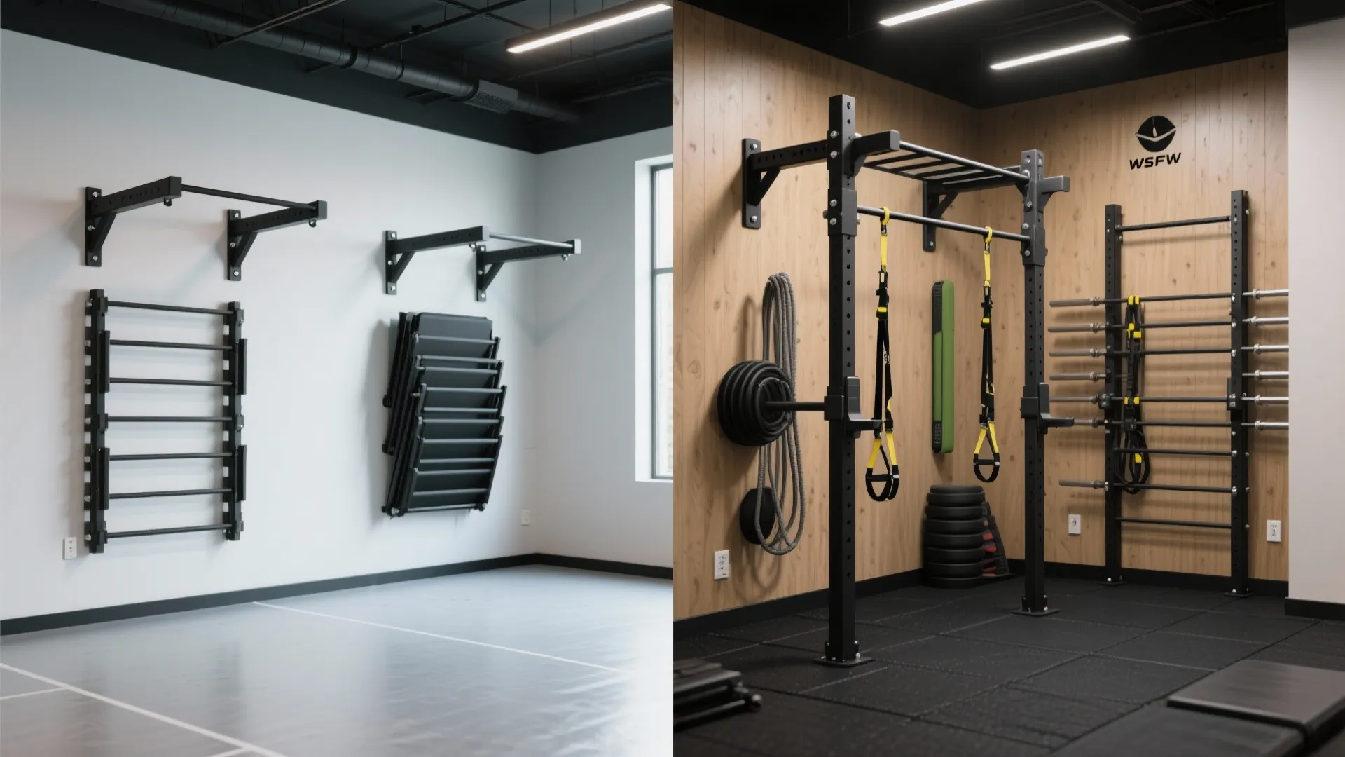 Split view showing wall-mounted foldable rig folded flat and deployed with pull-up bar and TRX anchors.