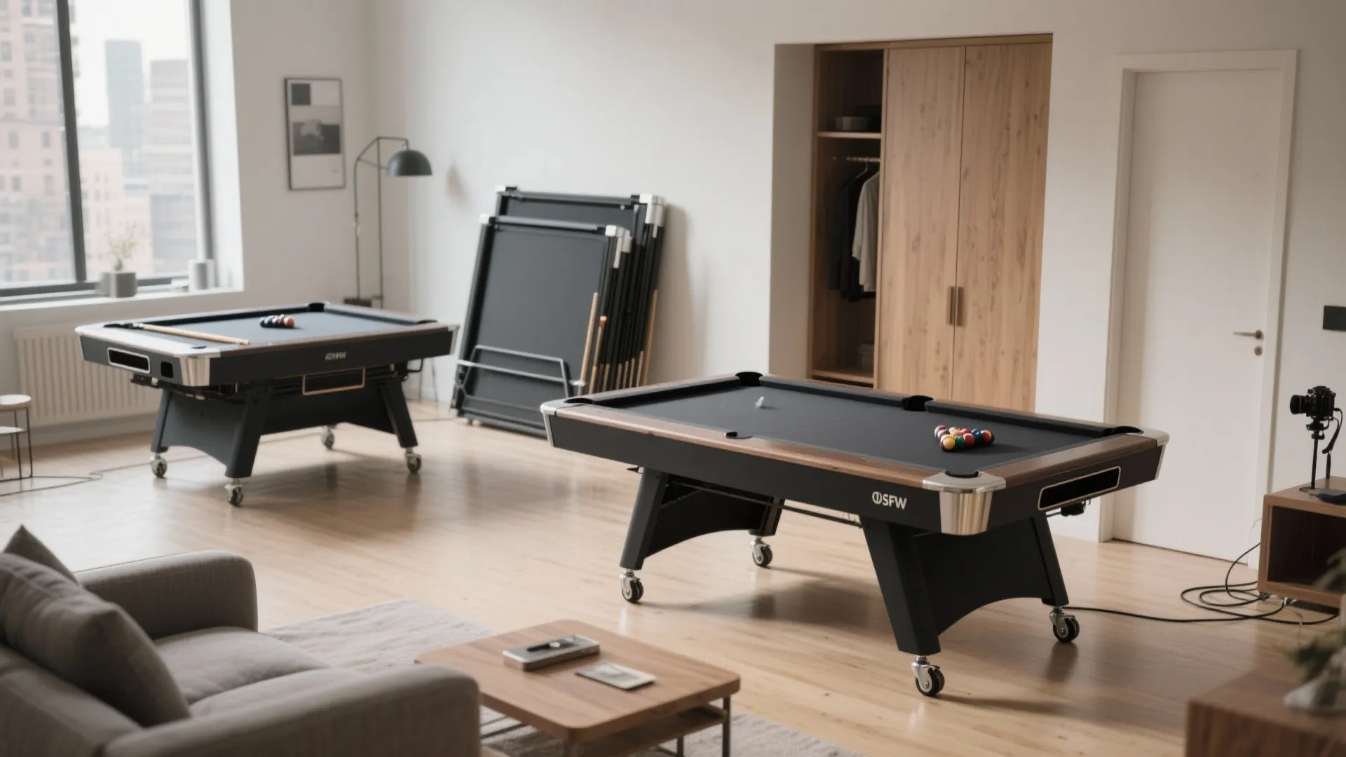 Modern living room with two black folding pool tables on wheels and a wood cabinet
