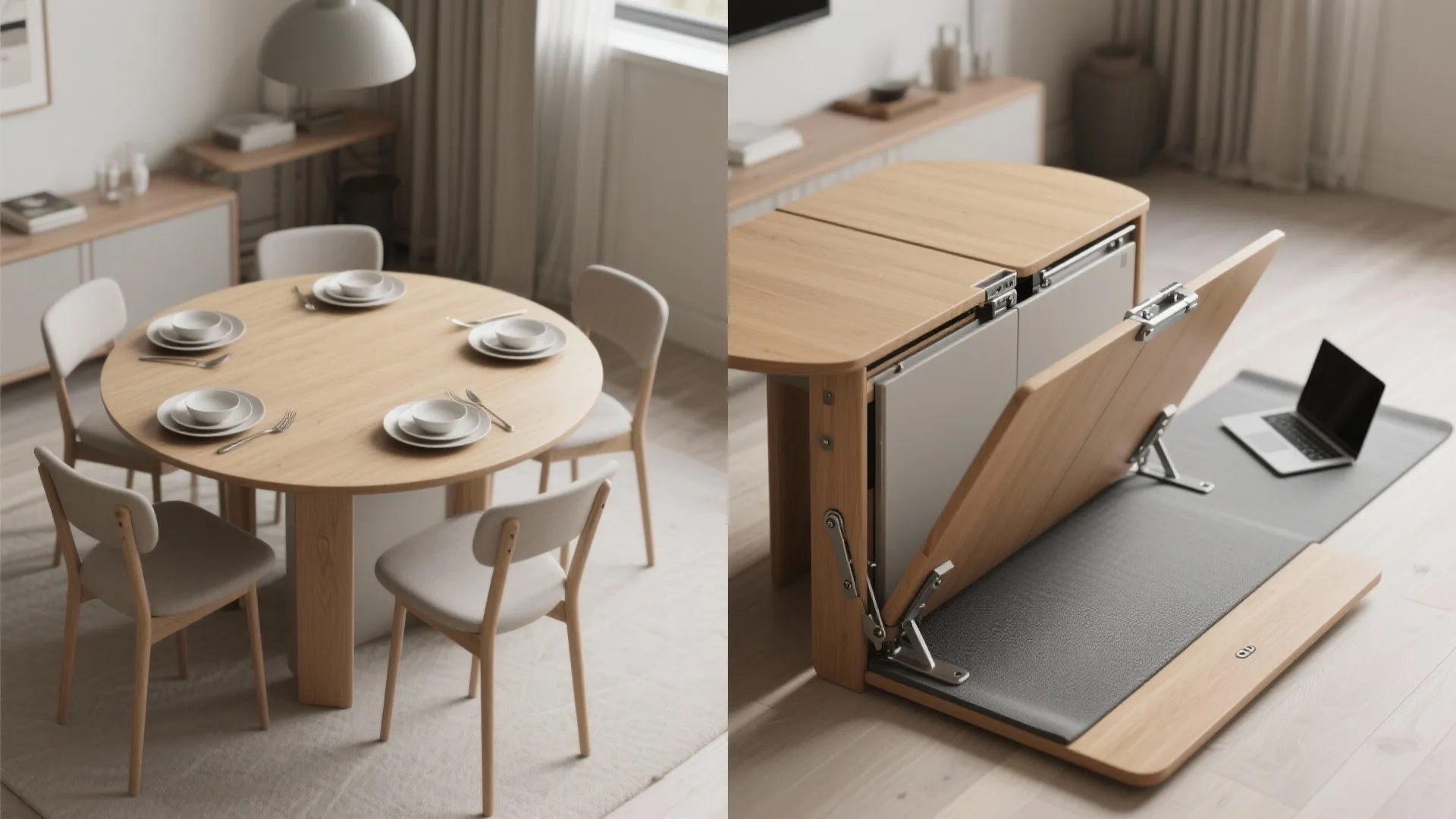 Comparison showing a round wooden dining table and its folded version with internal metal parts