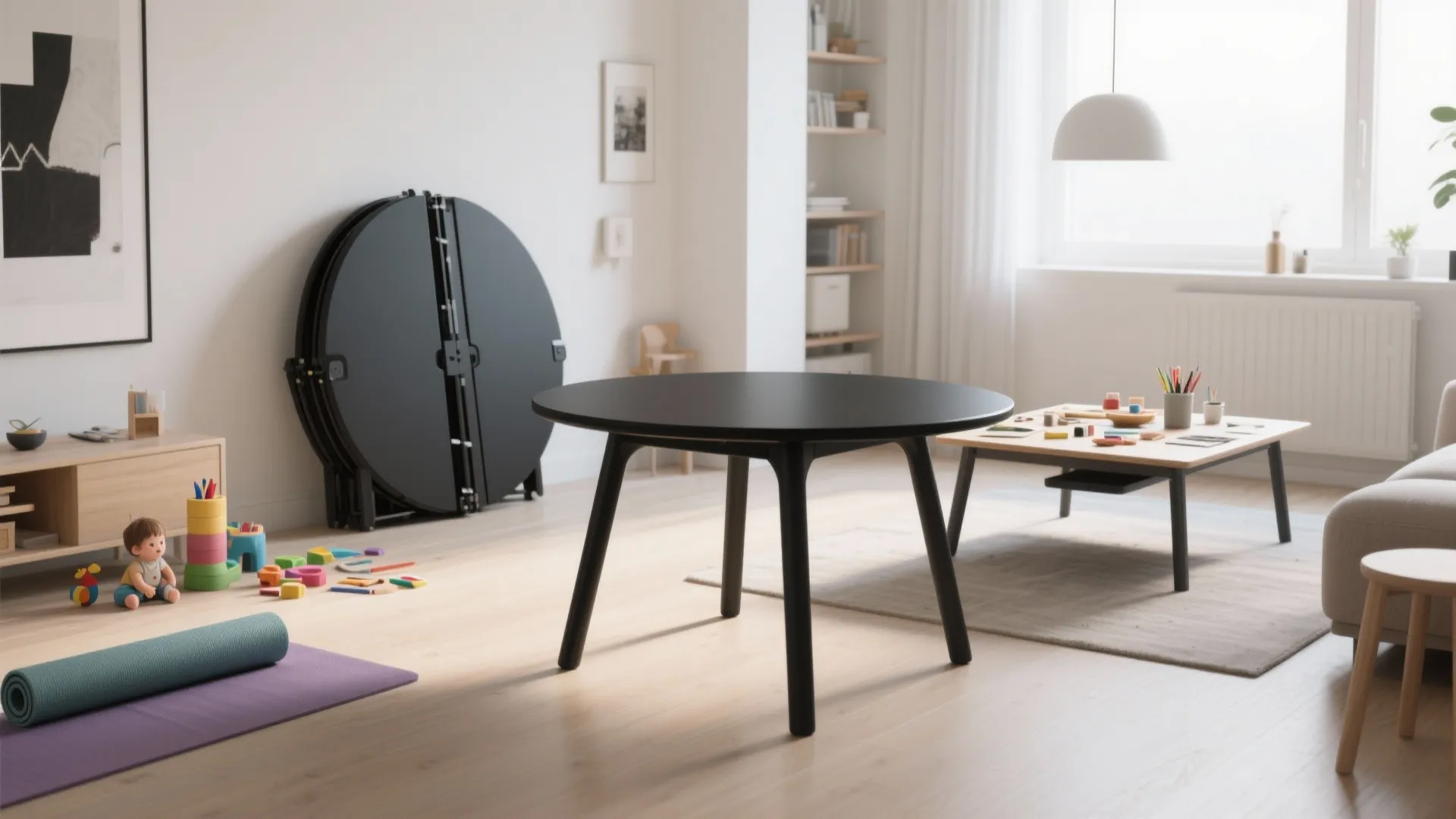 5. Foldable round black table for multipurpose rooms