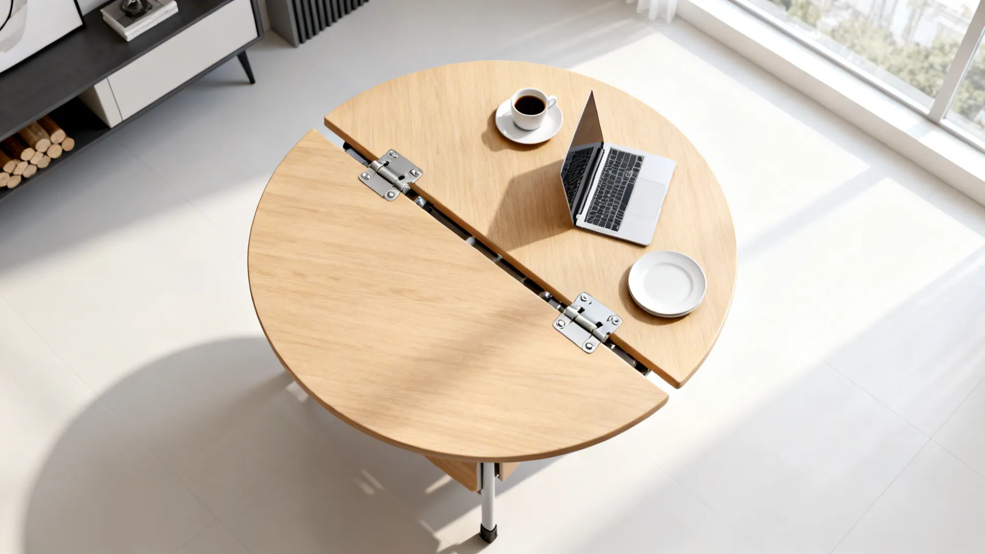 Top-down view of a foldable round table showing folded and open positions in a studio apartment.