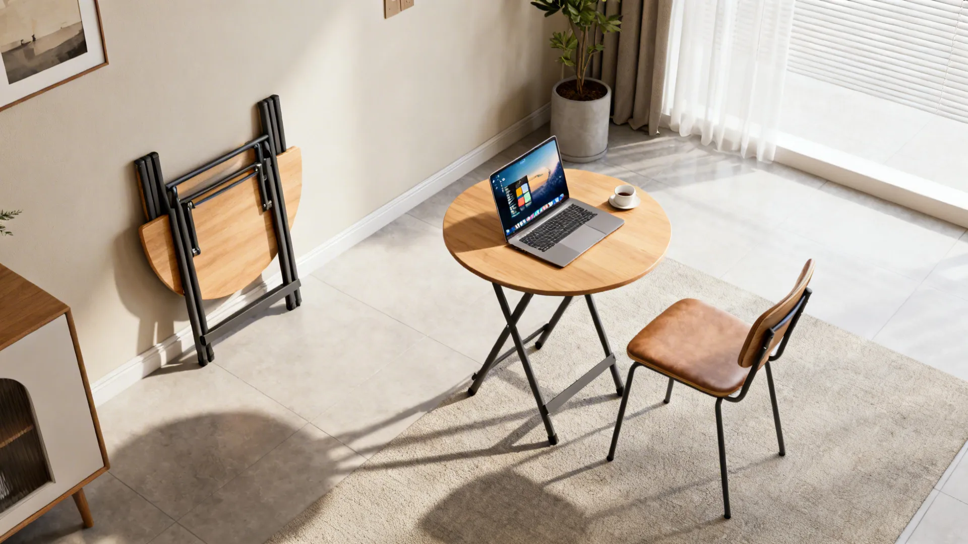 Top-down views of a foldable round table used folded, as a laptop desk, and as a dining perch in a studio
