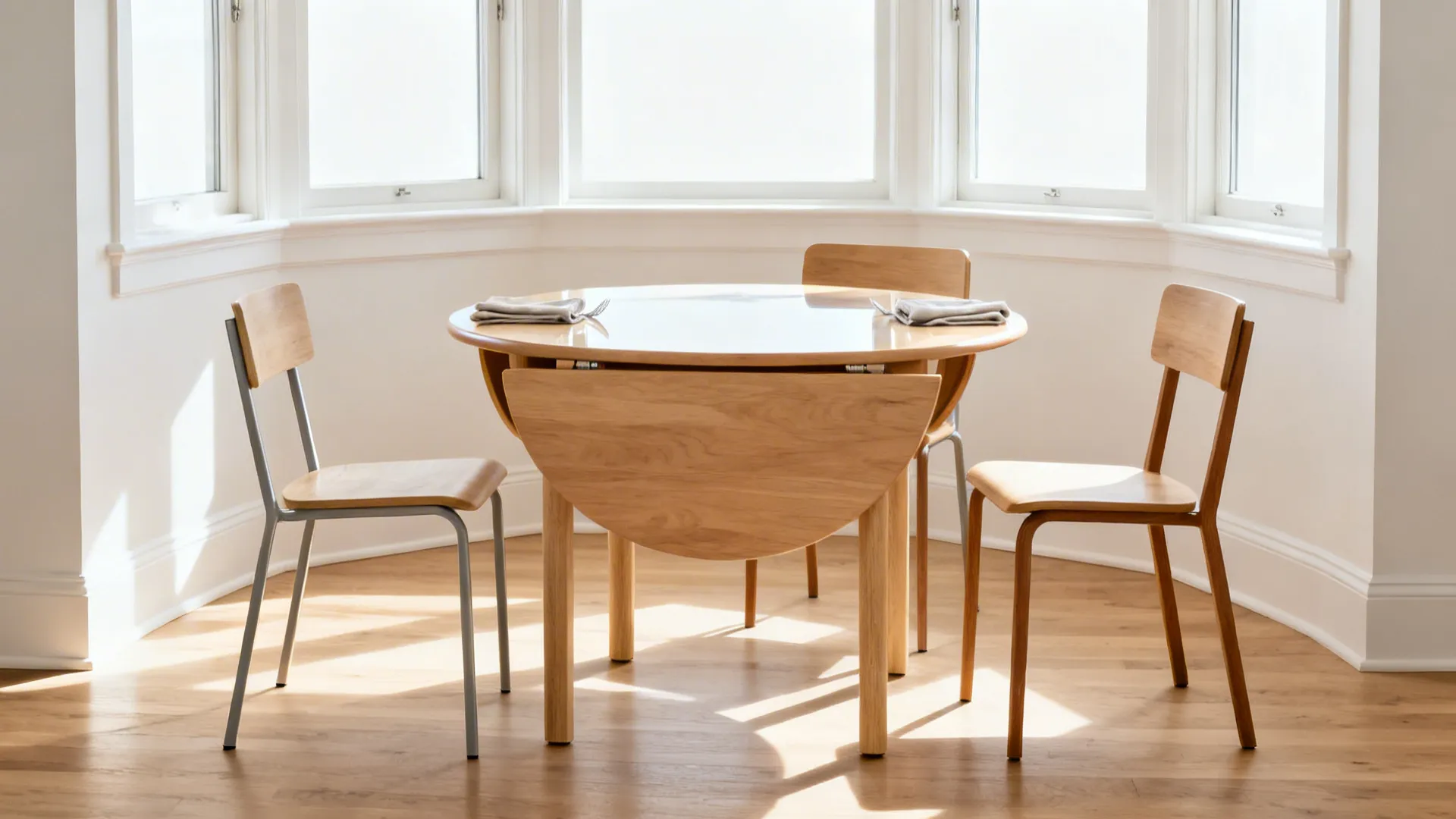 Light wood drop-leaf round table with open-back chairs in a bright studio bay window.