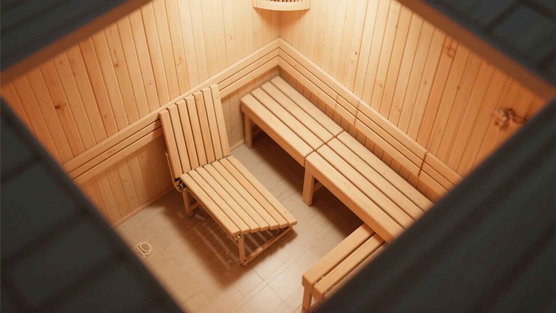 Foldable bench inside compact sauna for flexible use