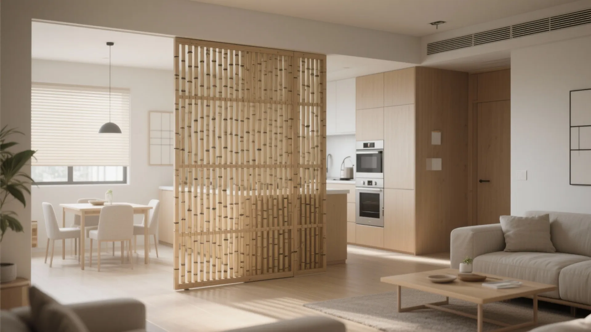 Modern apartment interior with wooden room divider screen between dining area and kitchen with sofa