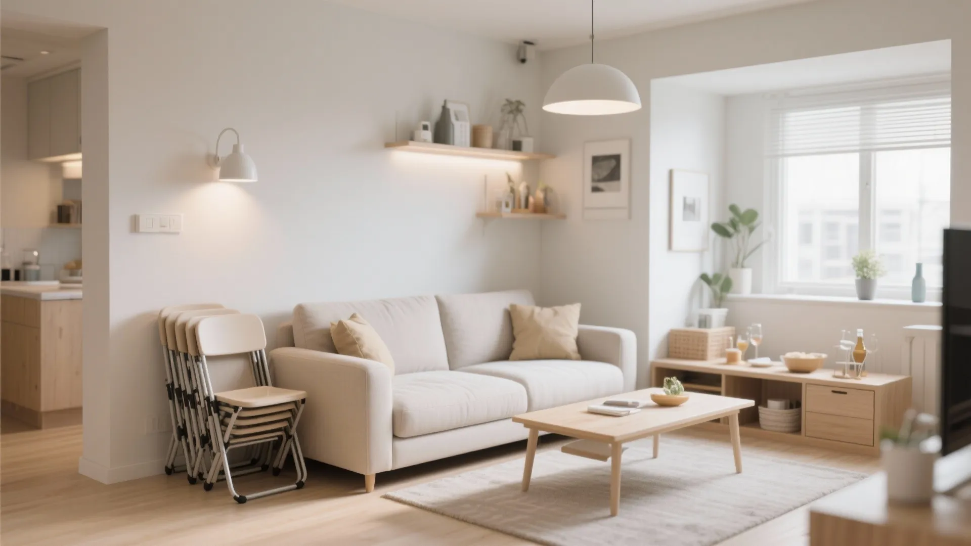 Minimalist living room with white sofa, wood coffee table, and stack of folded metal chairs