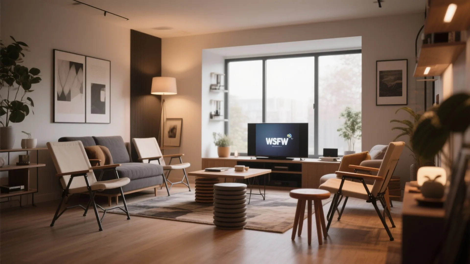 Living room with grey sofa folding chairs wooden coffee table television large window and lamp