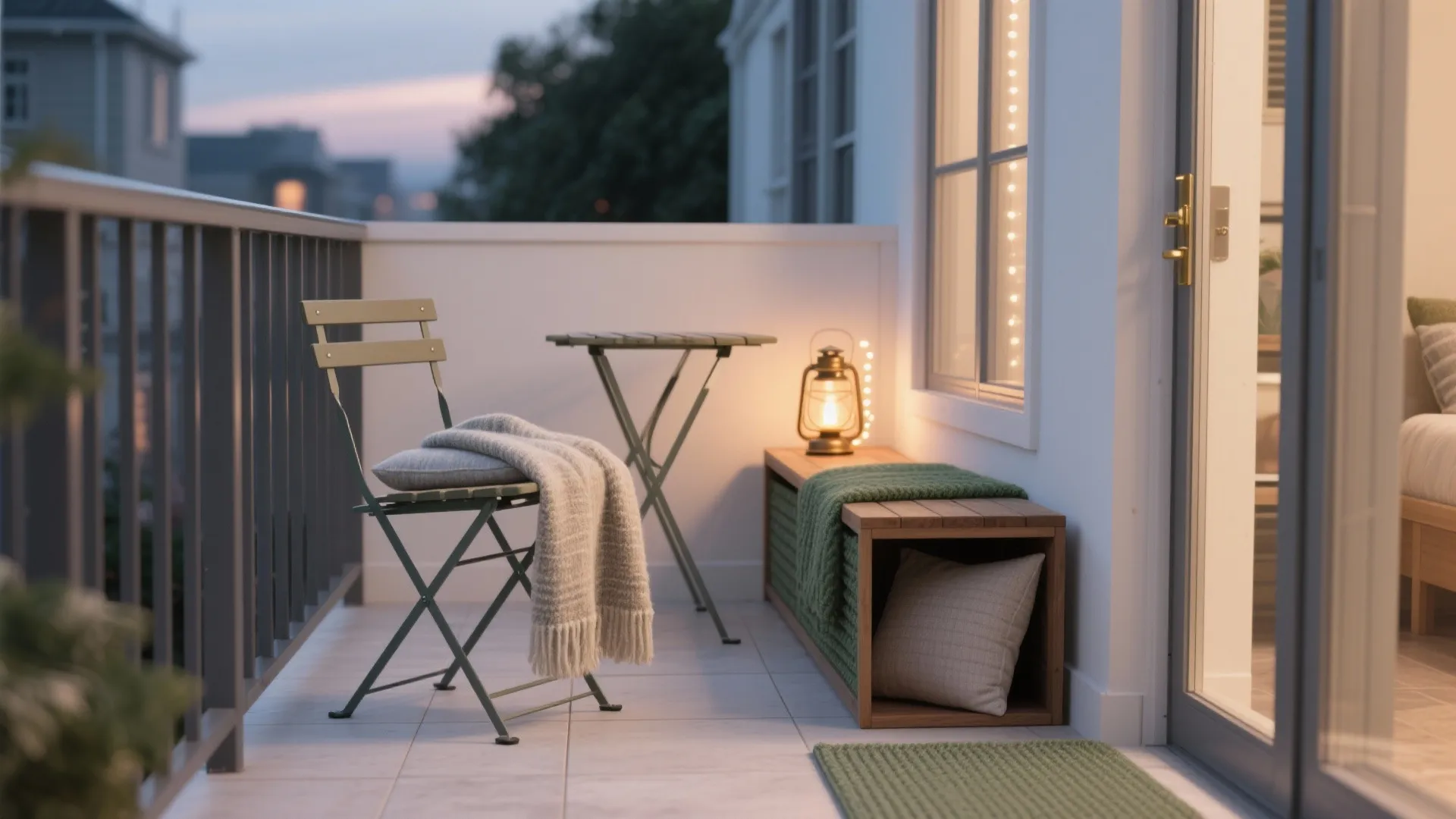 Foldable chair and narrow storage bench with a wool throw and outdoor cushion on a tidy winter balcony.