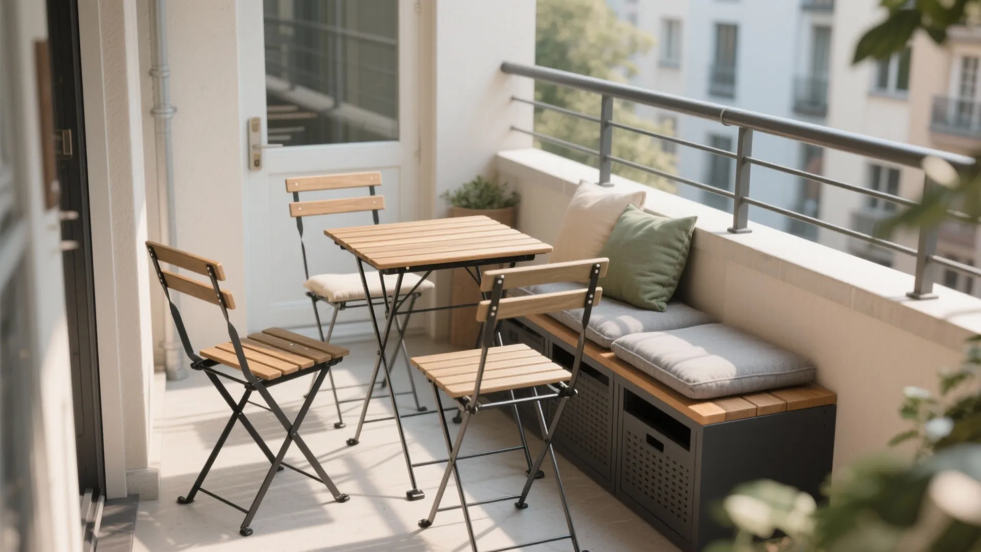 Compact foldable bistro set and storage bench on a narrow balcony.