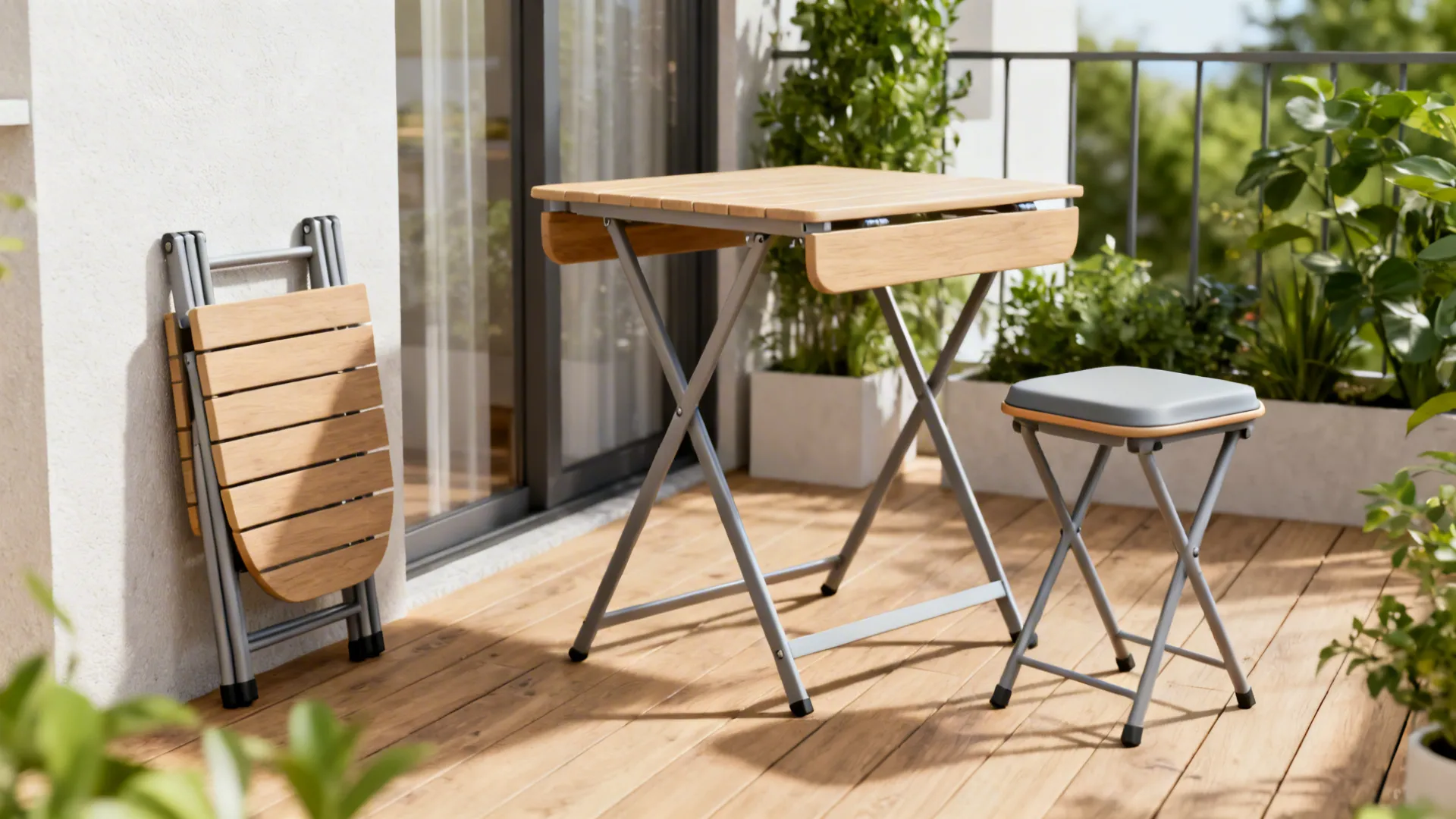 Wooden folding table with a stool and a chair on a sunny wooden balcony floor