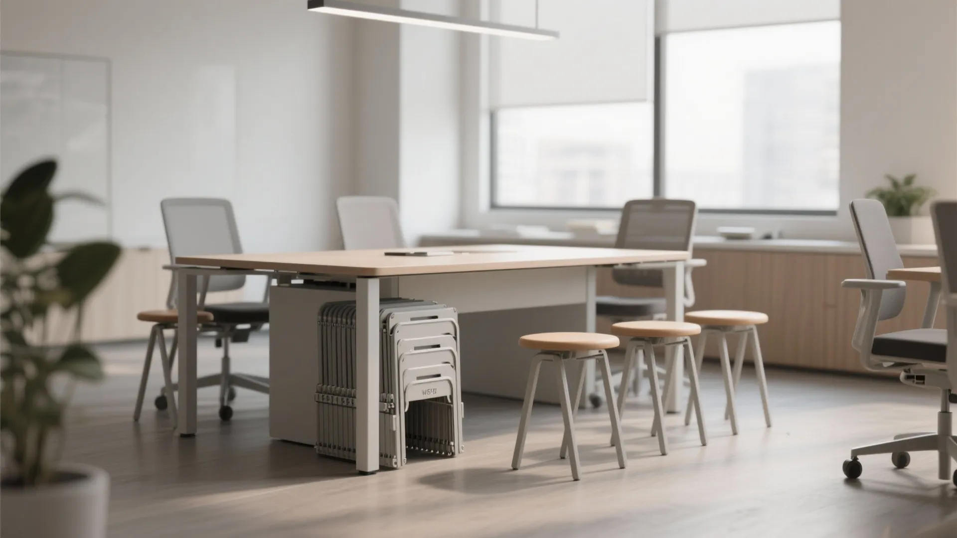 Modern office meeting room featuring a long table with grey chairs and small wooden stools