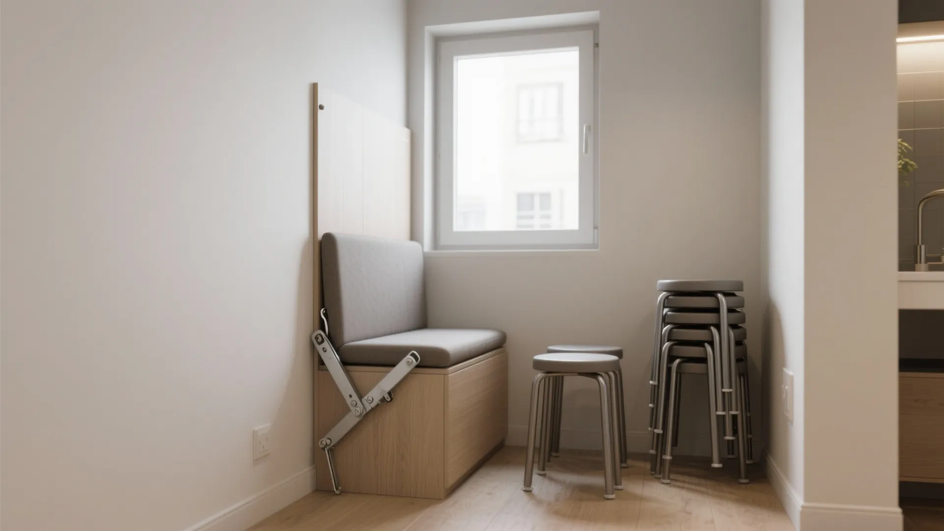 5. Foldable wall seats and stackable stools for ultra-compact needs