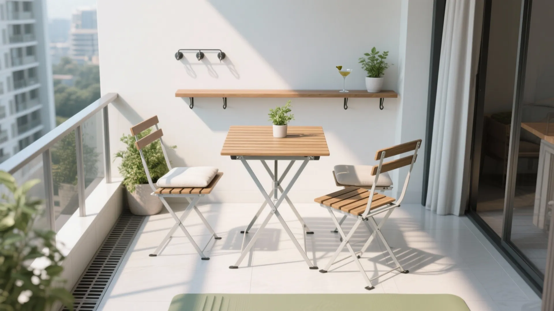 Modern white balcony with foldable wooden table and chairs plus small green plants and shelving