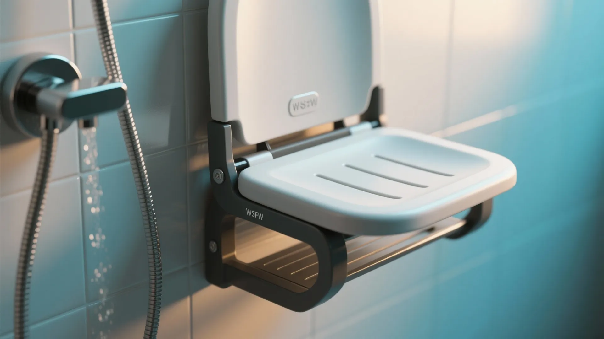 Foldable wall-mounted shower seat doubling as shelf