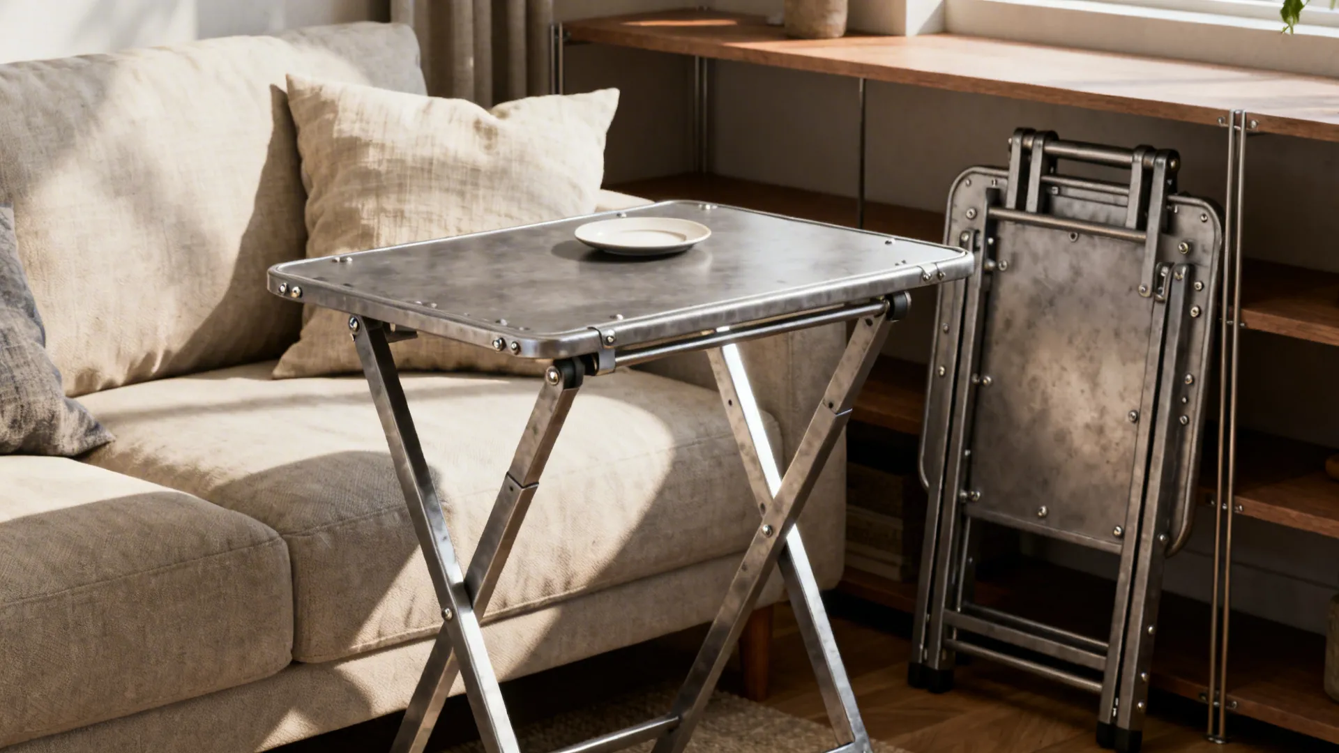 Foldable metal side table used for an impromptu couch dinner, one unit folded and stored nearby.