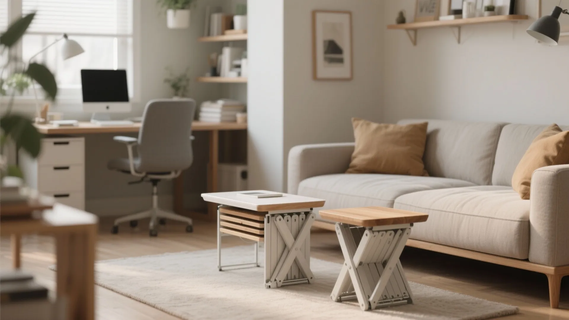 Foldable side tables next to a sleeper sofa in small office