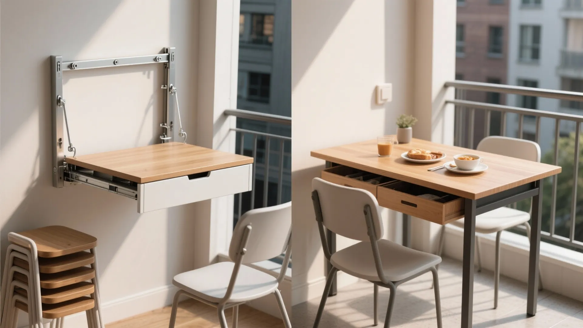Before/after split of a balcony drop-leaf table folded vs. open with slim storage and folding chairs.