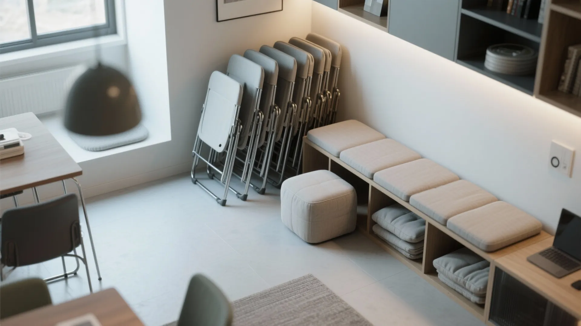 Modern white room featuring stacked grey folding chairs next to a wooden bench with cushions
