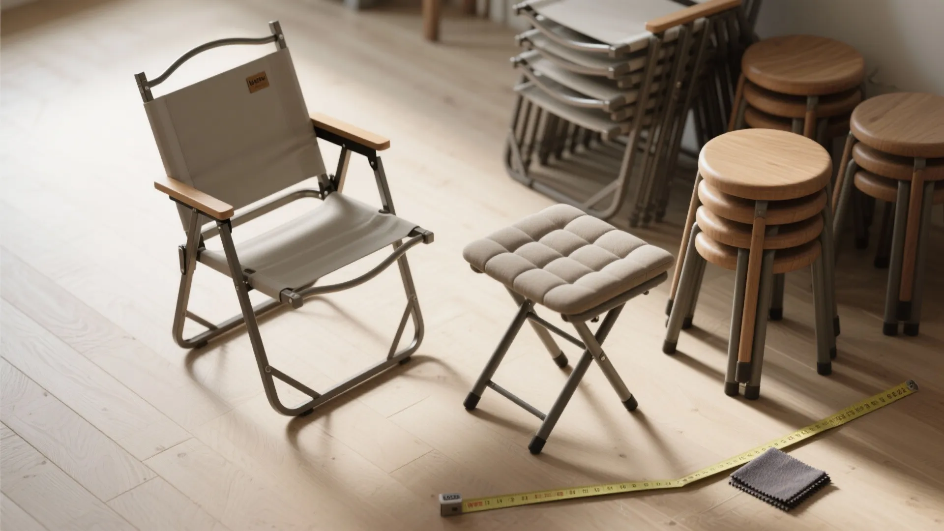 Top-down view of folded chairs and stackable stools arranged compactly on a light wood floor with planning tools.