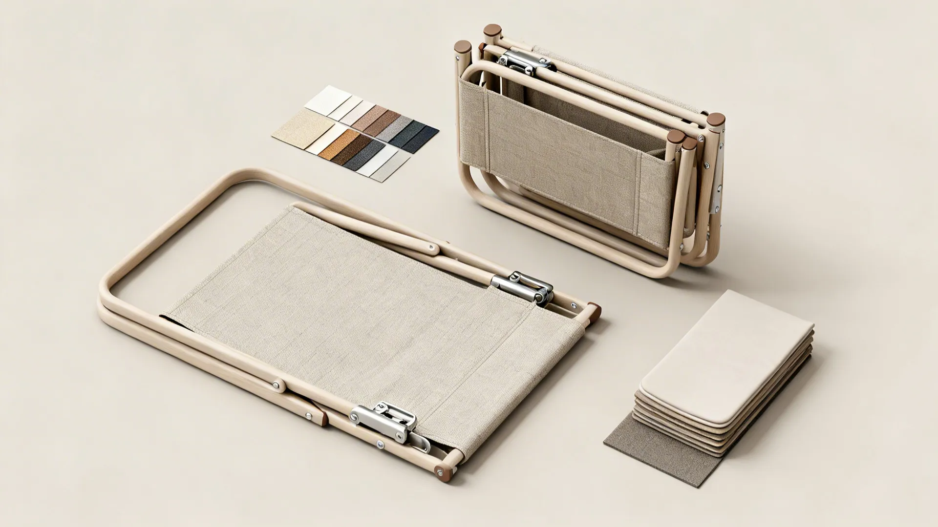 Top-down view of a folding armchair shown folded and open with fabric swatches and padding samples.