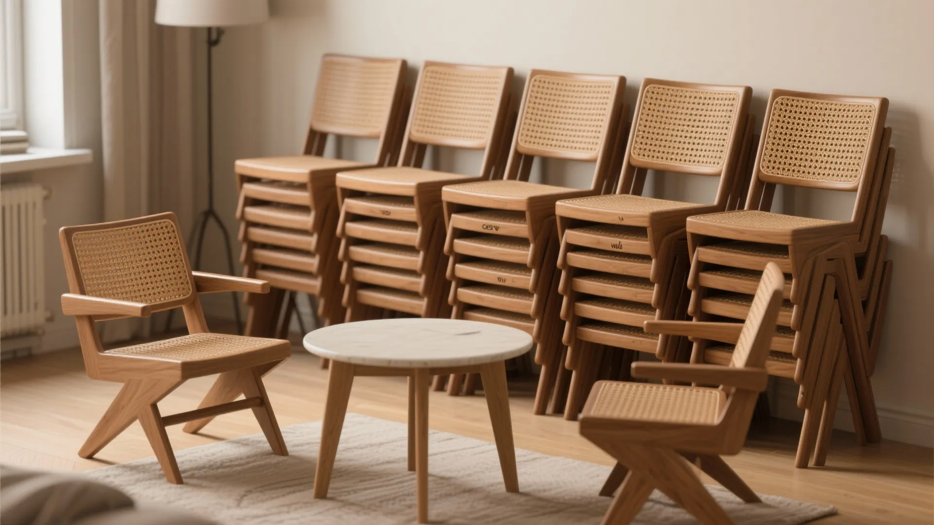 Foldable and stackable chairs in wood and rattan finishes staged in a studio apartment.
