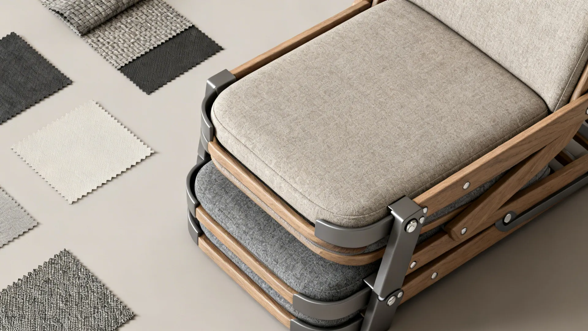 Flatlay of folded and stacked modern arm chairs with fabric and finish samples