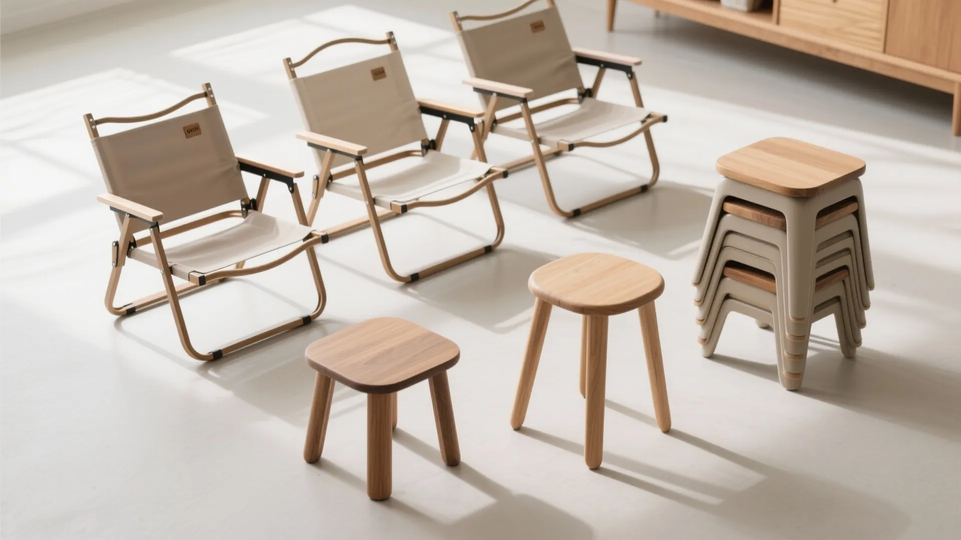Three foldable chairs and several wooden stools arranged on a floor in a bright room