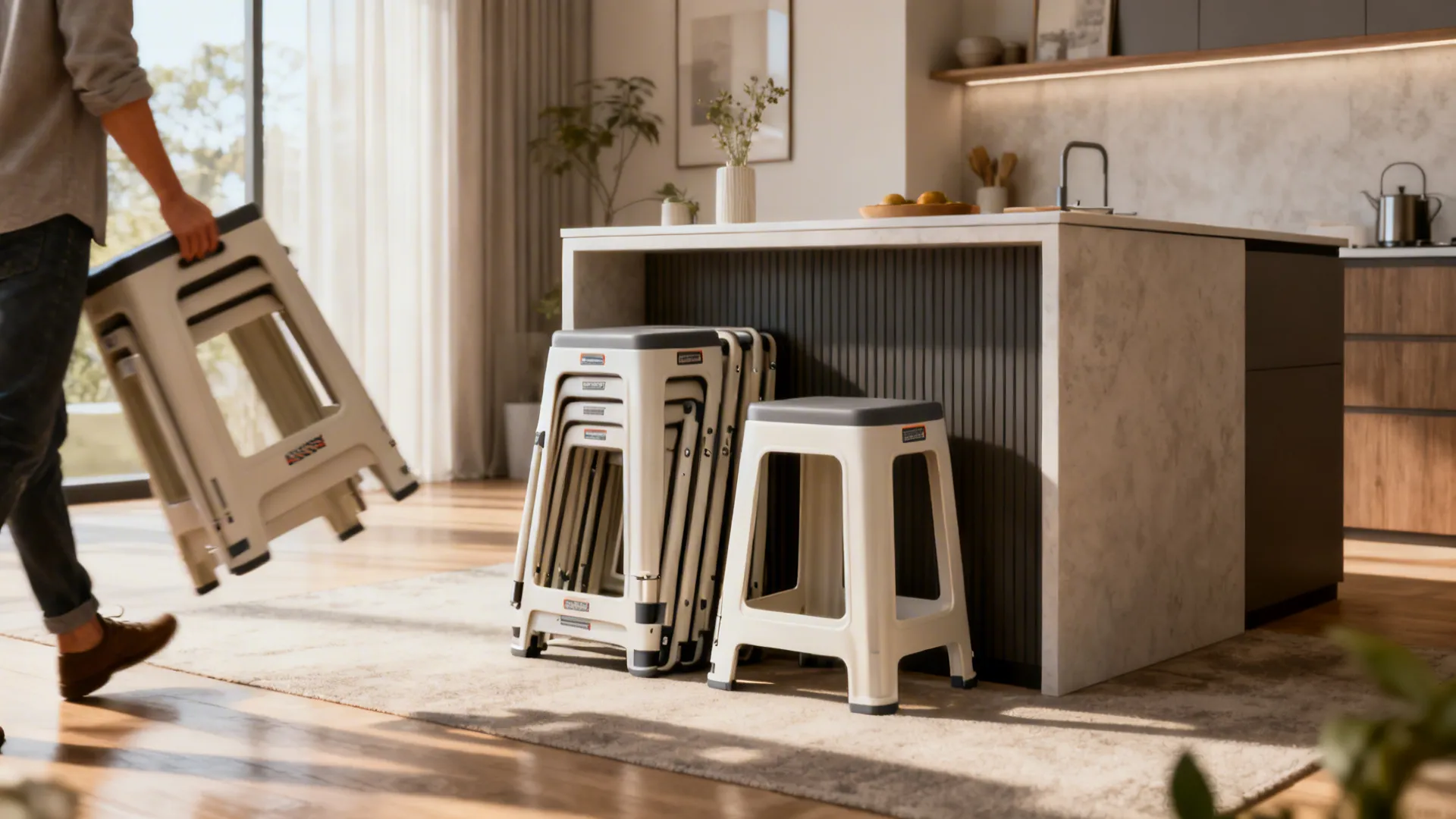 Foldable and lightweight stools stacked next to a multifunctional island in a studio.