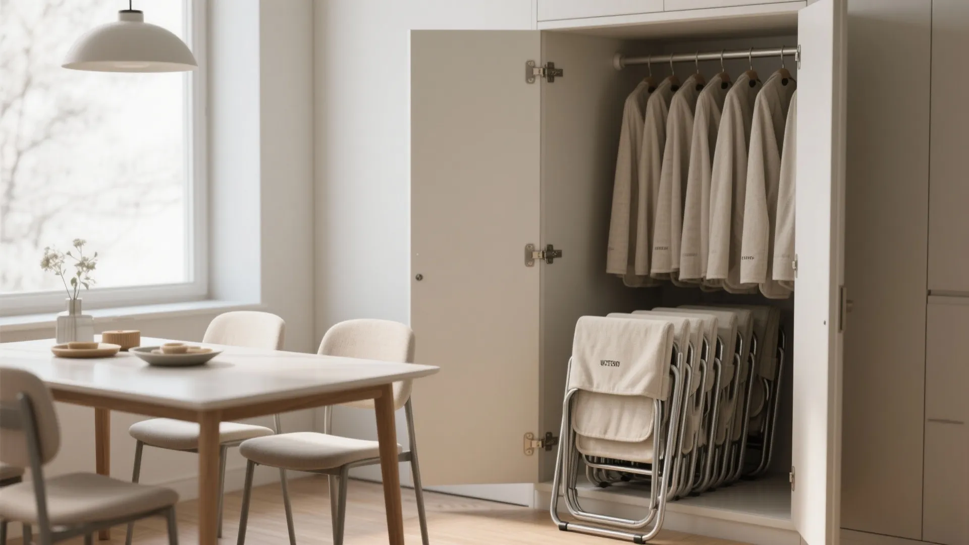 Open white cabinet with hanging clothes and folded chairs inside next to a wooden table