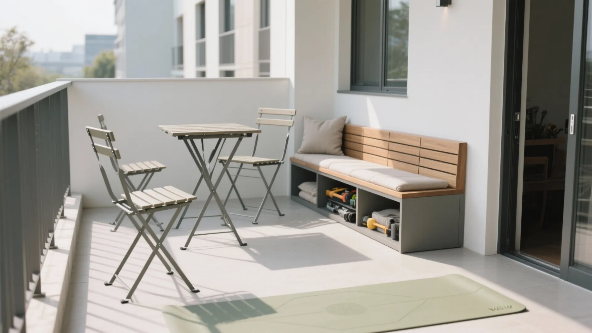 Minimalist balcony storage and foldable furniture