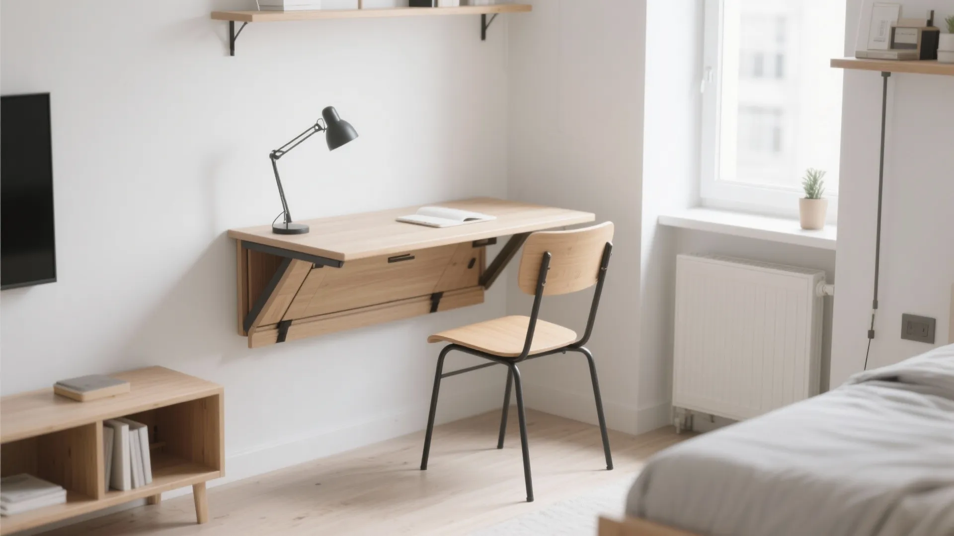 Small wall mounted folding wood table used as a desk with a simple wood chair nearby