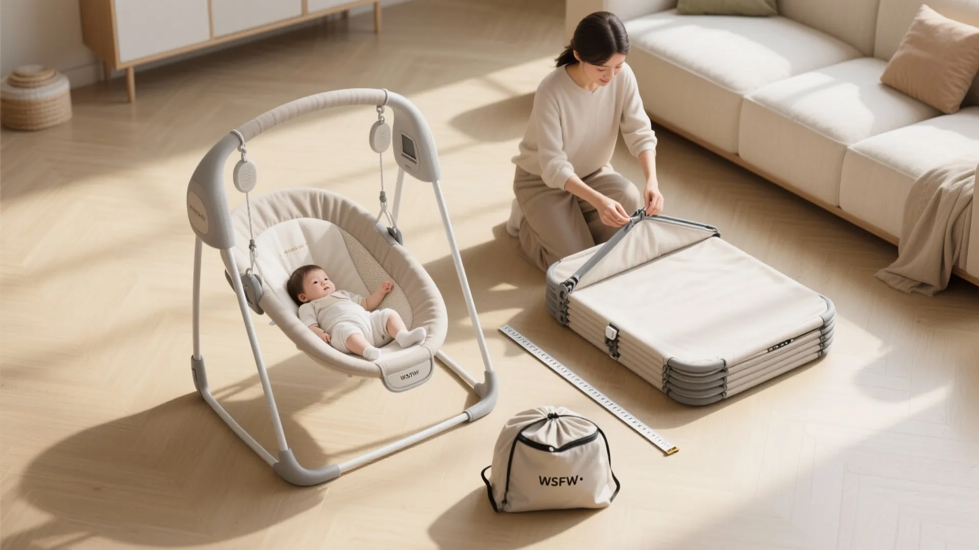 Woman assembling a foldable baby swing next to a sleeping infant in a sunny room